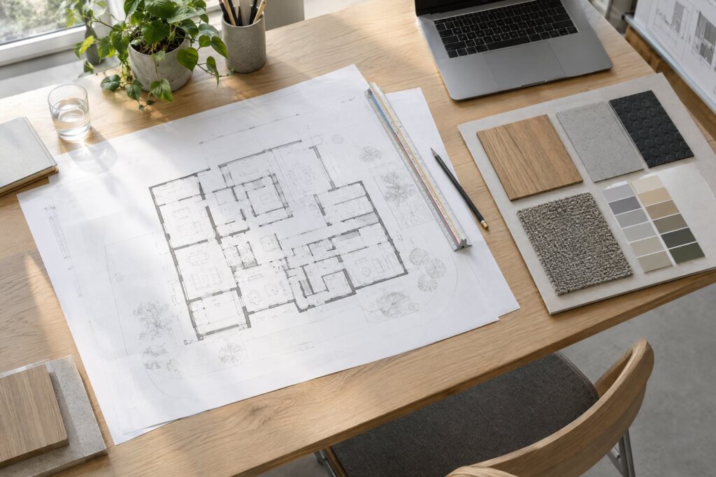 Symbolbild: Materialboard mit Plänen Architektenpläne mit Materialboard und Bodenmustern