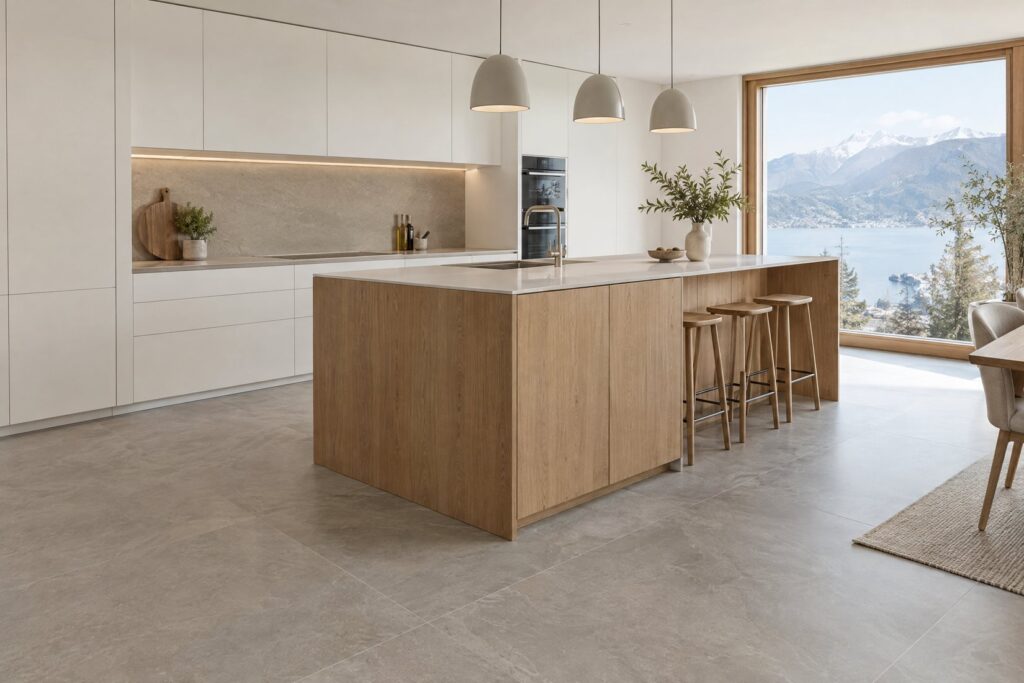 Symbolbild: Küche mit Designboden in Steinoptik Moderne Küche mit grossformatigem Designboden in heller Steinoptik