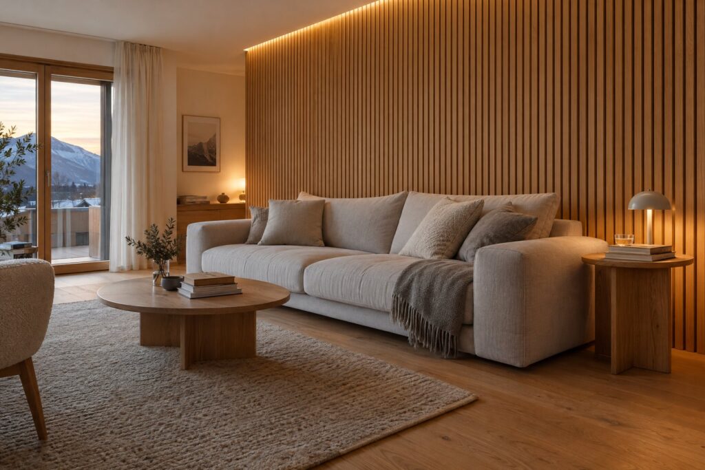 Symbolbild: Wohnraum mit Holzlamellenwand Wohnraum mit Wandverkleidung aus Eichenlamellen und passendem Holzboden
