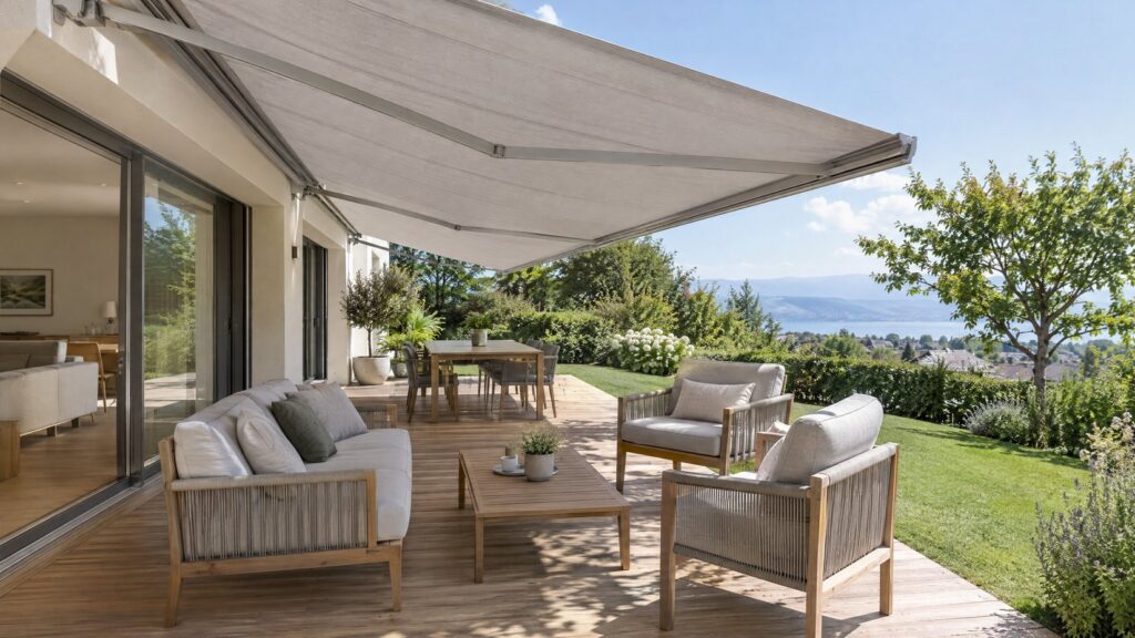 Symbolbild: Terrasse mit Markise Gartenterrasse mit ausgefahrener Stoffmarkise und Lounge-Möbeln