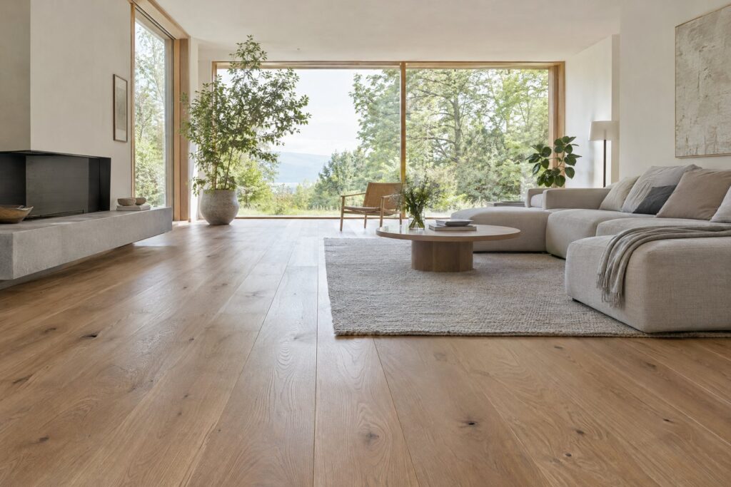 Symbolbild: Wohnraum mit Eichen-Landhausdielen Heller Wohnraum mit breiten, natürlich geölten Eichendielen