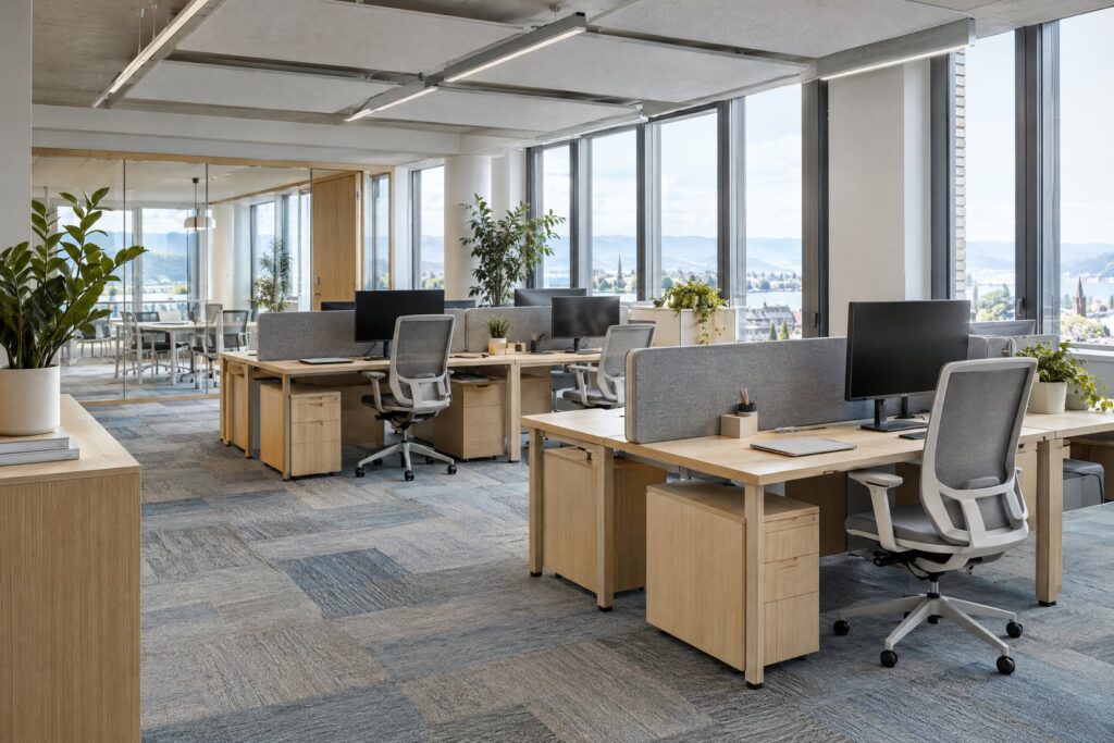 Symbolbild: Büro mit Teppichfliesen Grossraumbüro mit Teppichfliesen in Grau- und Blautönen